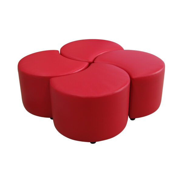 Educated furniture petal ottomans in red vinyl arranged together