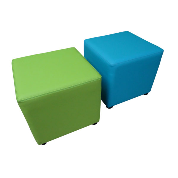 Educated furniture square ottomans in green and blue vinyl for libraries and breakout spaces