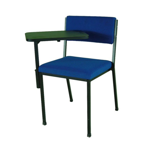Educated furniture ms2 super stacker visitor chair with tray table, straight legs and blue cushioned seat and back