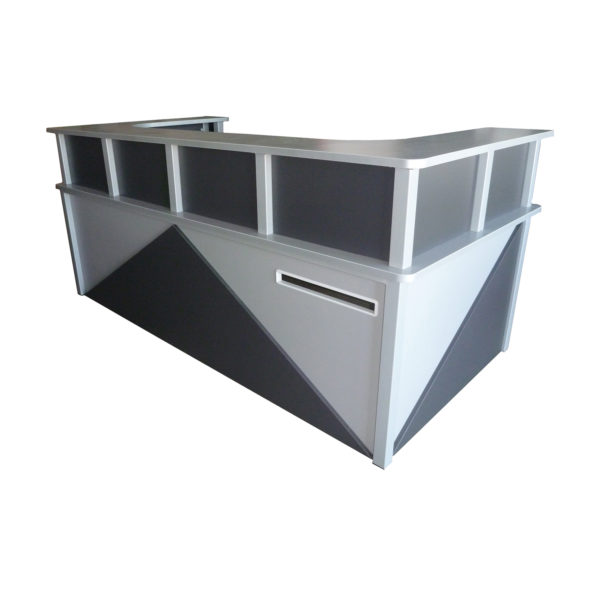 Educated furniture corner reception desk with 50x50mm steel post frame with Melteca inserts and overlay decorative panels