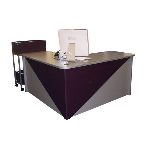Educated furniture corner reception/library desk with overlay decorative panels