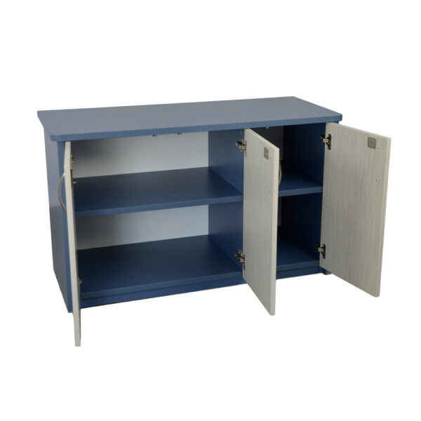 Educated furniture credenza storage unit doors open with three cupboards and 1200 mm wide