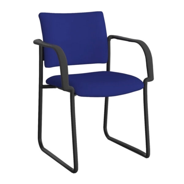 Educated furniture que chair in blue with arms, sled base and black frame