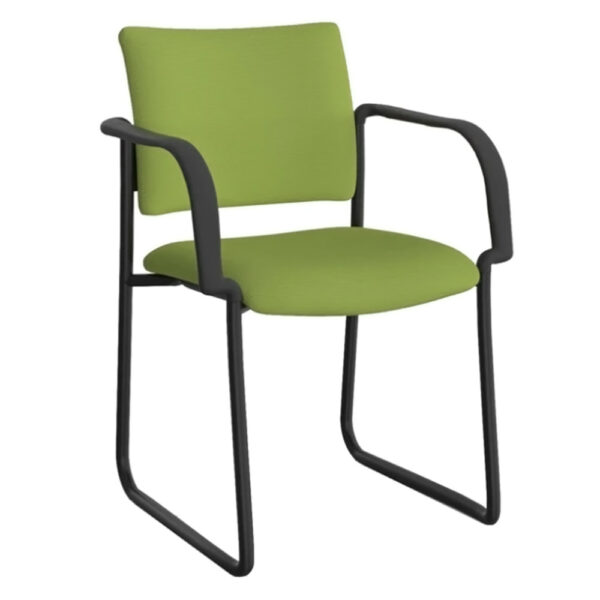 Educated furniture que chair in green with arms, sled base and black frame
