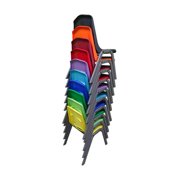 Educated furniture rainbow school chairs in all colours and stacked 10 heigh
