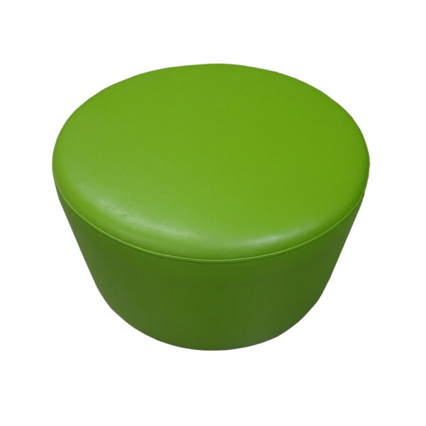 Educated furniture round green ottoman 600mm diameter in green vinyl fabric for library or classroom