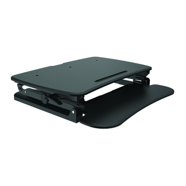 Educated furniture deskalator height adjustable stand fully extended in black