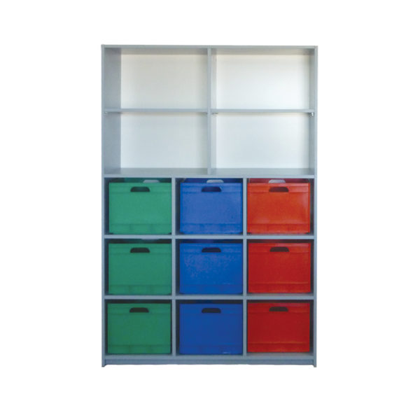 Educated Furniture cube box shelving unit to hold nine cube boxes for classroom storage