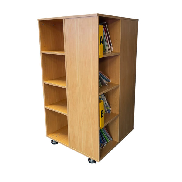 Educated furniture mobile school library book tower with adjustable shelving on four faces in NZ Tawa