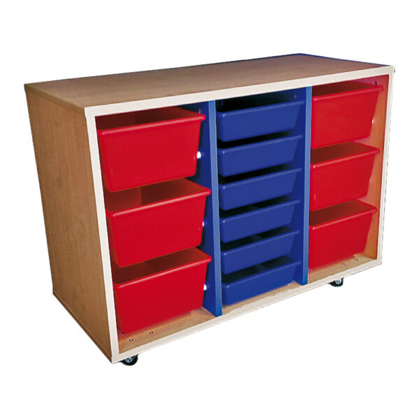 Educated furniture tote tray unit with three bays of tote tray storage for the school classroom