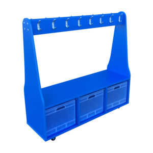 Educated furniture mobile school dress up unit with cube box storage and hooks