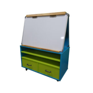 Educated furniture mobile teacher station with double sided whiteboard, two drawers and two shelves