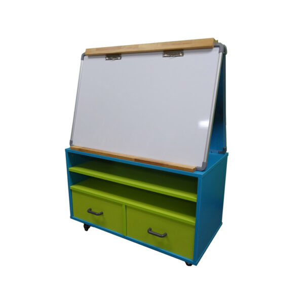 Educated furniture mobile teacher station with double sided whiteboard, two drawers and two shelves