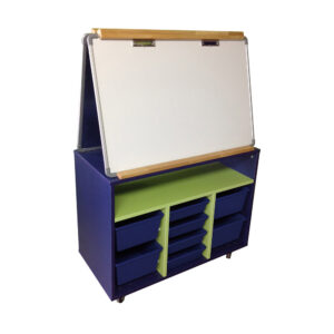 Educated furniture school teacher station with two whiteboards, single shelf and tote tray storage below