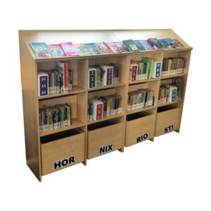 Educated furniture school library shelving unit with browser boxes in melteca wood look