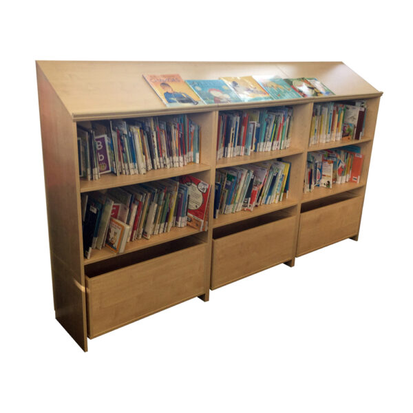 Educated furniture school library shelving unit with browser boxes in melteca wood look