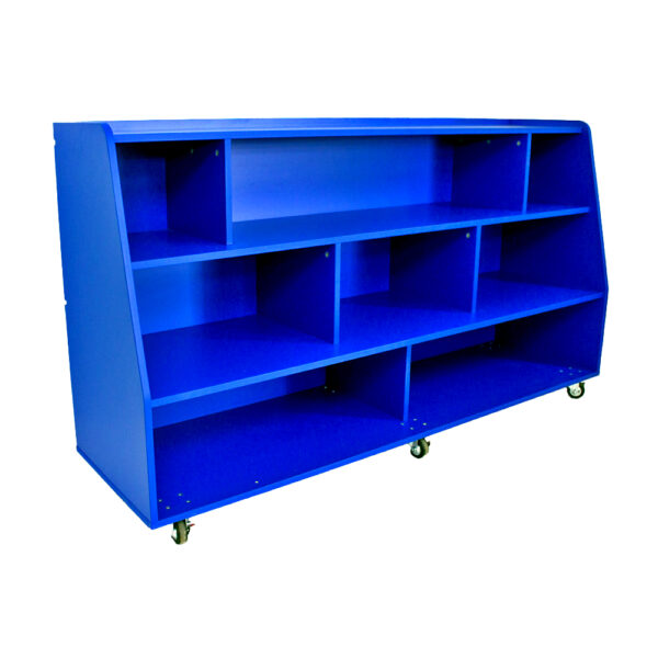 Mobile storage unit with three shelves and different sized cubby holes for classroom storage