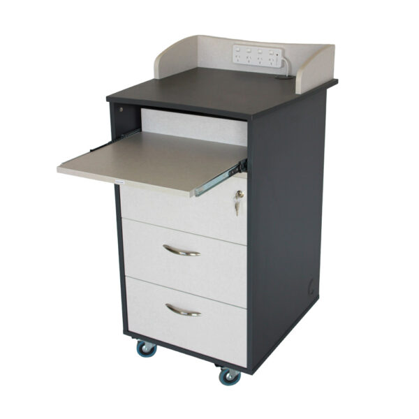 Educated furniture teacher podium for the classroom with three drawers and pull out shelf
