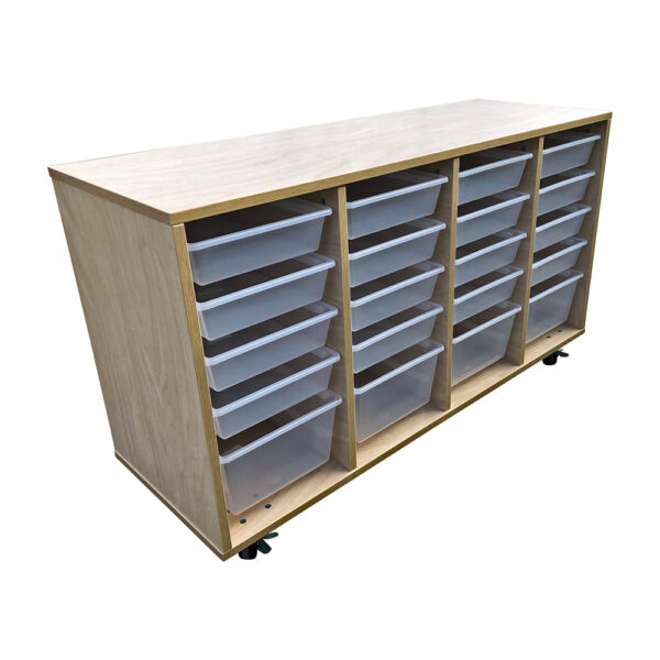 Educated furniture tote tray unit with four bays of tote tray storage for the school classroom