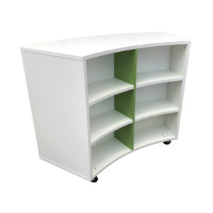 Educated furniture curved library shelving in white and green