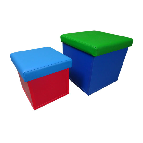 Educated Furniture colourful cube stools with melteca base and cushion top for classroom seating