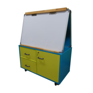 Educated furniture school teacher station with two whiteboards, locakable cupboard and two drawers