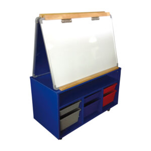 Educated furniture school teacher station with whiteboards on both sides and tote tray storage underneath