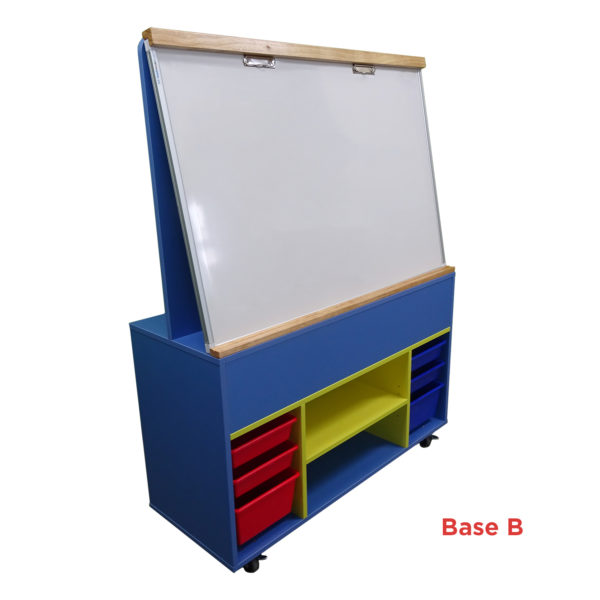 Educated furniture school teacher station with whiteboard, tote tray storage and wall to mount 50 inch tv