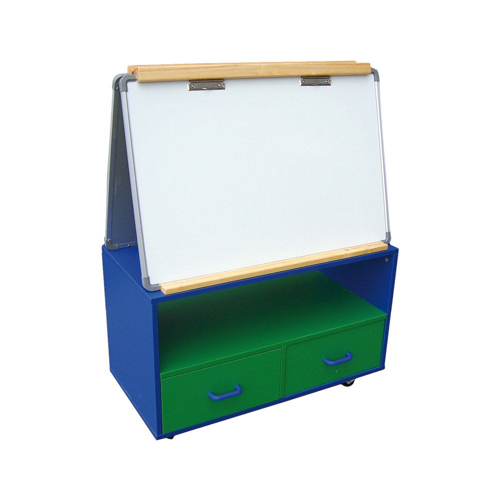 Educated furniture teacher station for classrooms with a single shelf, two drawers and whiteboard on both sides