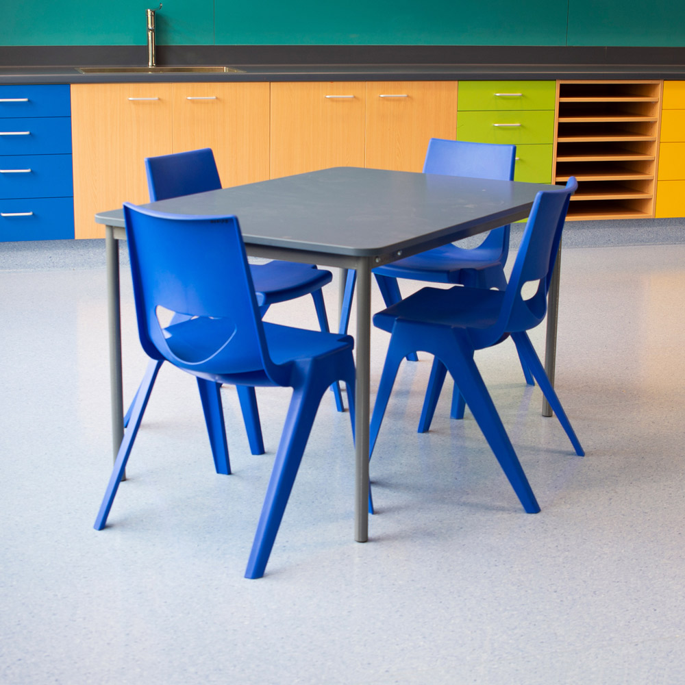Educated furniture classroom table and chairs with custom cabinetry behind