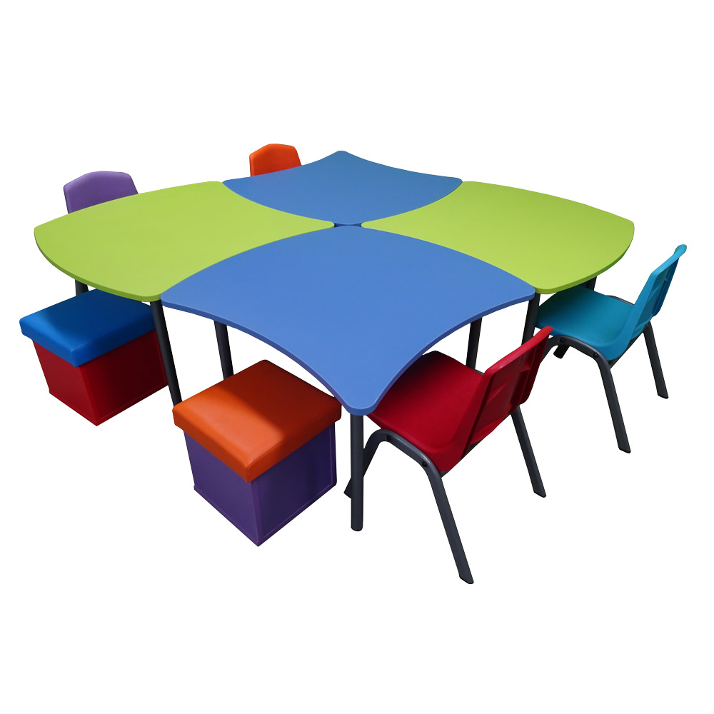 Educated furniture classroom switch table with rainbow chairs and cube stools